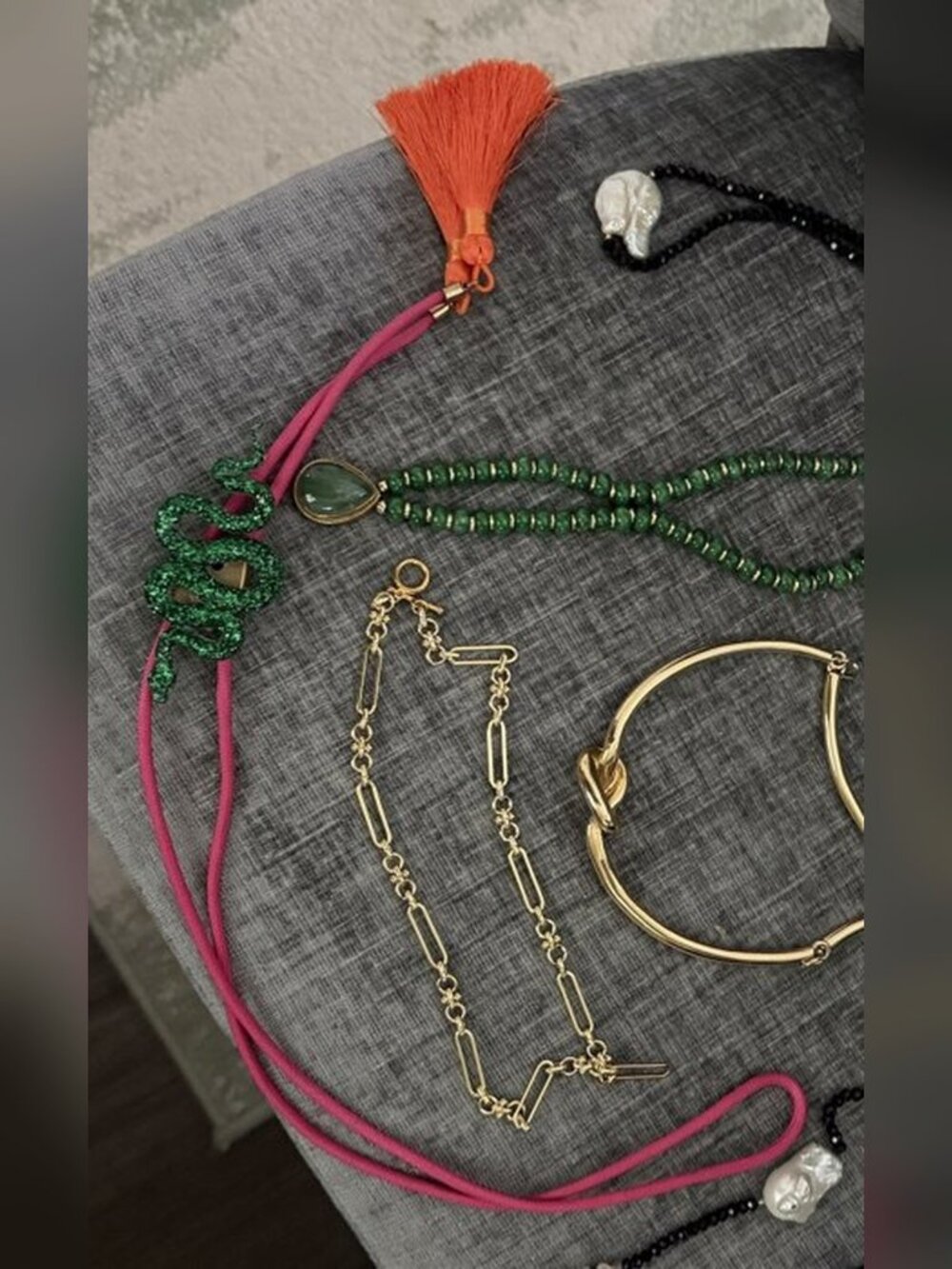 Pink Cord Lariat with Green Snake and Orange Tassel